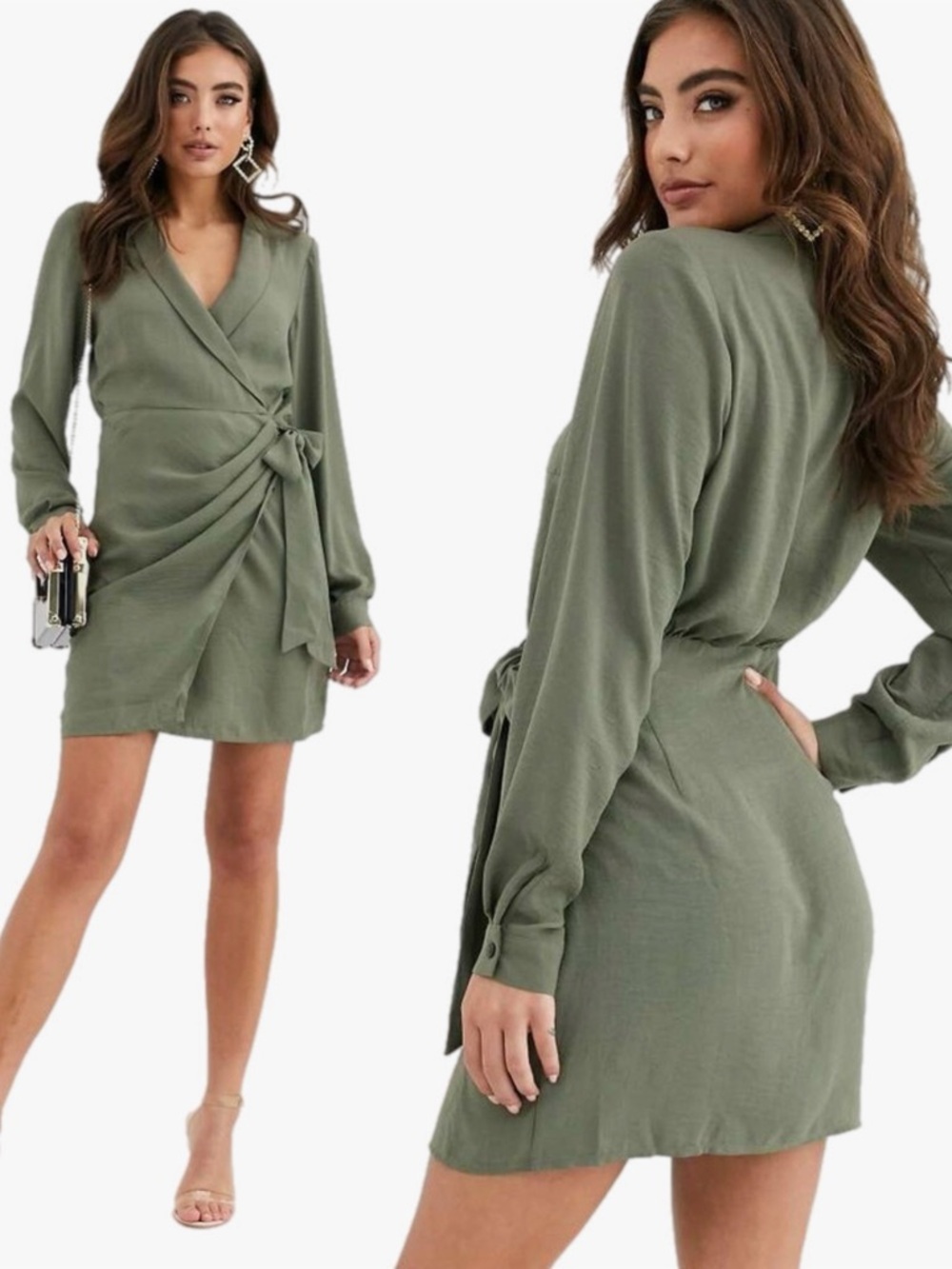 ASOS Design Collared Olive Green Mini Wrap Dress Women’s Size 8
